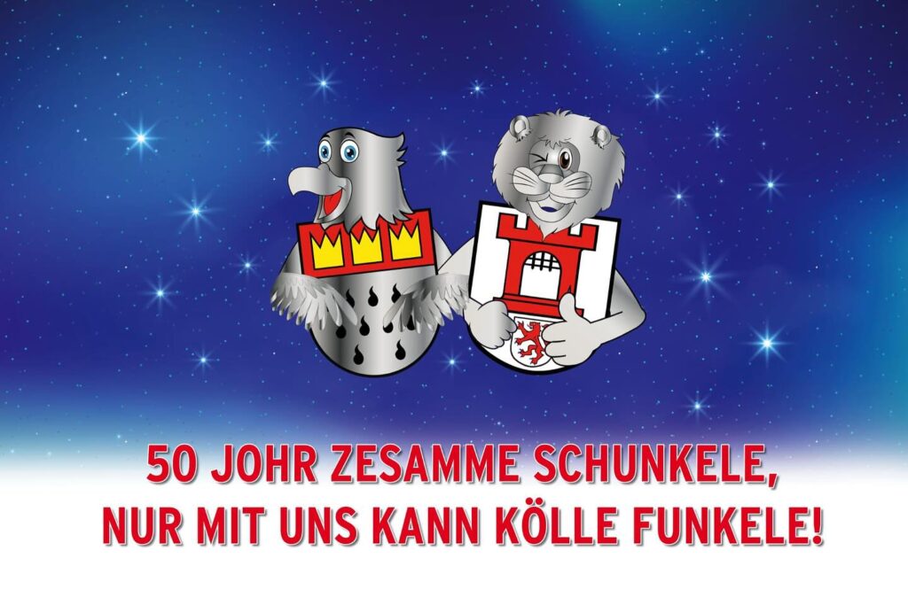 Motto der Session 2024 für Porz. 50 Johr zusamme Schunkele, nur mit uns kann Kölle Funkele.